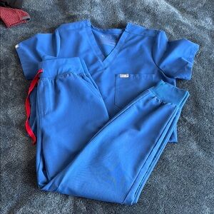 Figs Royal Blue Scrub Set with Red Tie